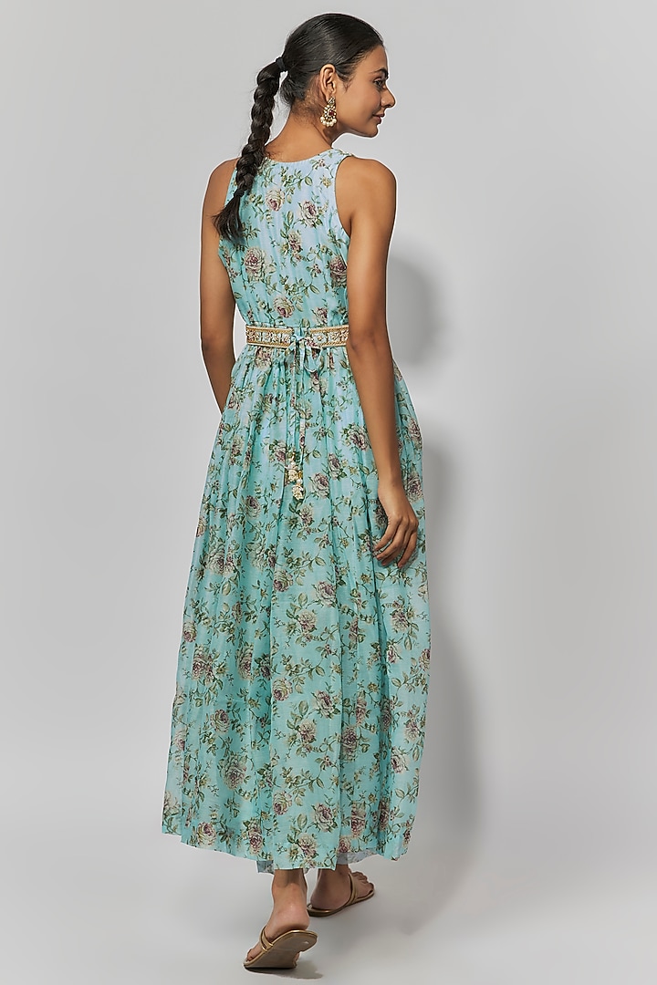 Sea Green Chanderi Floral Printed Anarkali Set by Yuvrani Jaipur at Pernia's Pop Up Shop