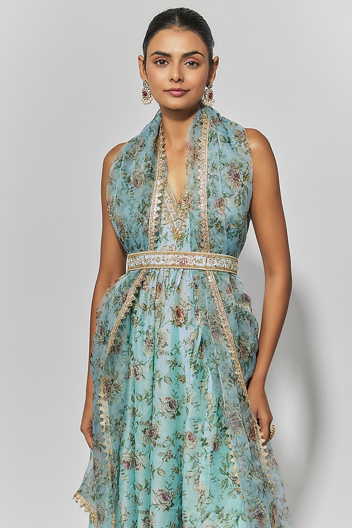 Sea Green Chanderi Floral Printed Anarkali Set by Yuvrani Jaipur at Pernia's Pop Up Shop