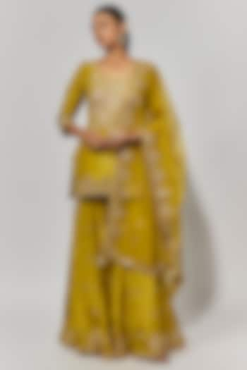 Golden Yellow Pure Spun Silk Gota Embroidered Sharara Set by Yuvrani Jaipur at Pernia's Pop Up Shop