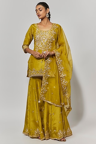 Golden Yellow Pure Spun Silk Gota Embroidered Sharara Set by Yuvrani Jaipur