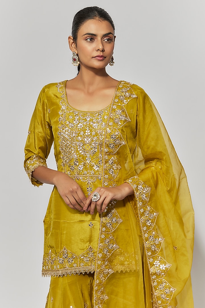 Golden Yellow Pure Spun Silk Gota Embroidered Party Wear Sharara Set by Yuvrani Jaipur at Pernia's Pop Up Shop