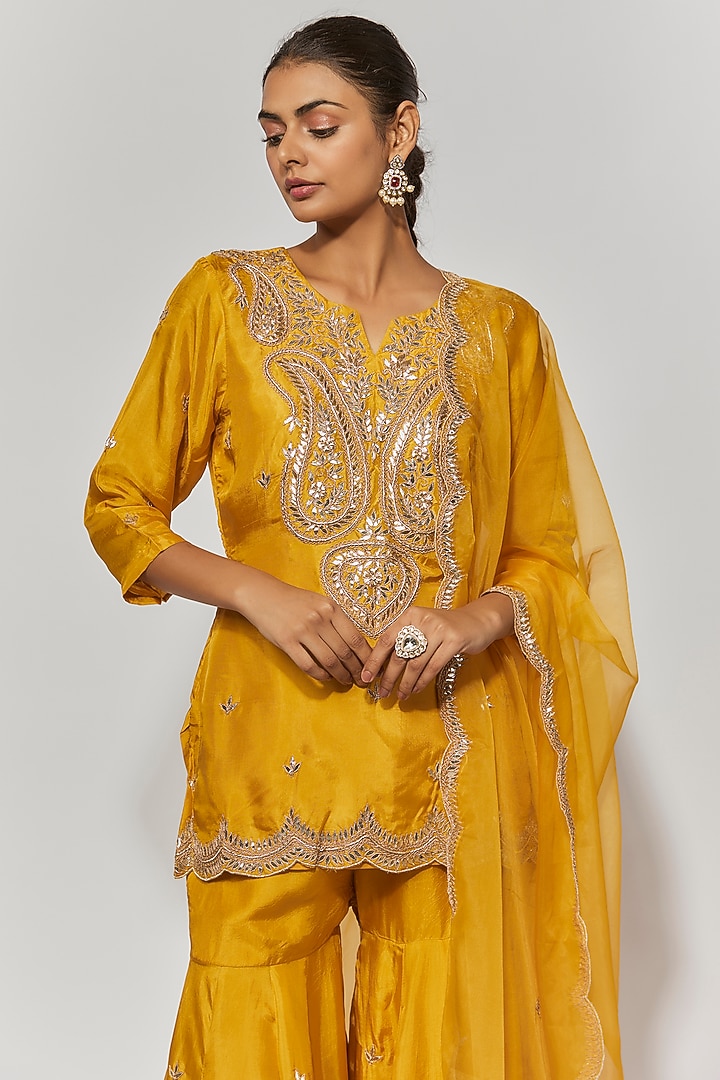 Honey Orange Pure Spun Silk Gota Embroidered Party Wear Sharara Set by Yuvrani Jaipur at Pernia's Pop Up Shop