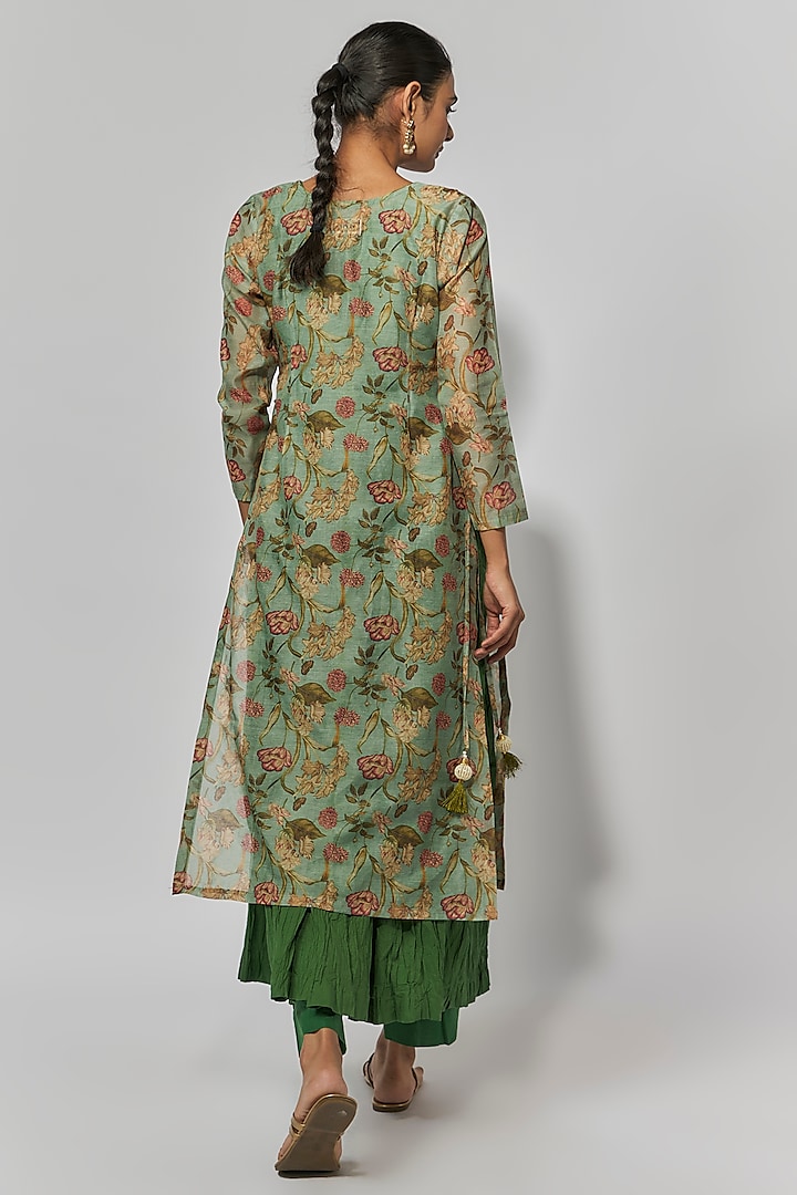 Mint Green Chanderi Floral Printed Kurta Set by Yuvrani Jaipur at Pernia's Pop Up Shop