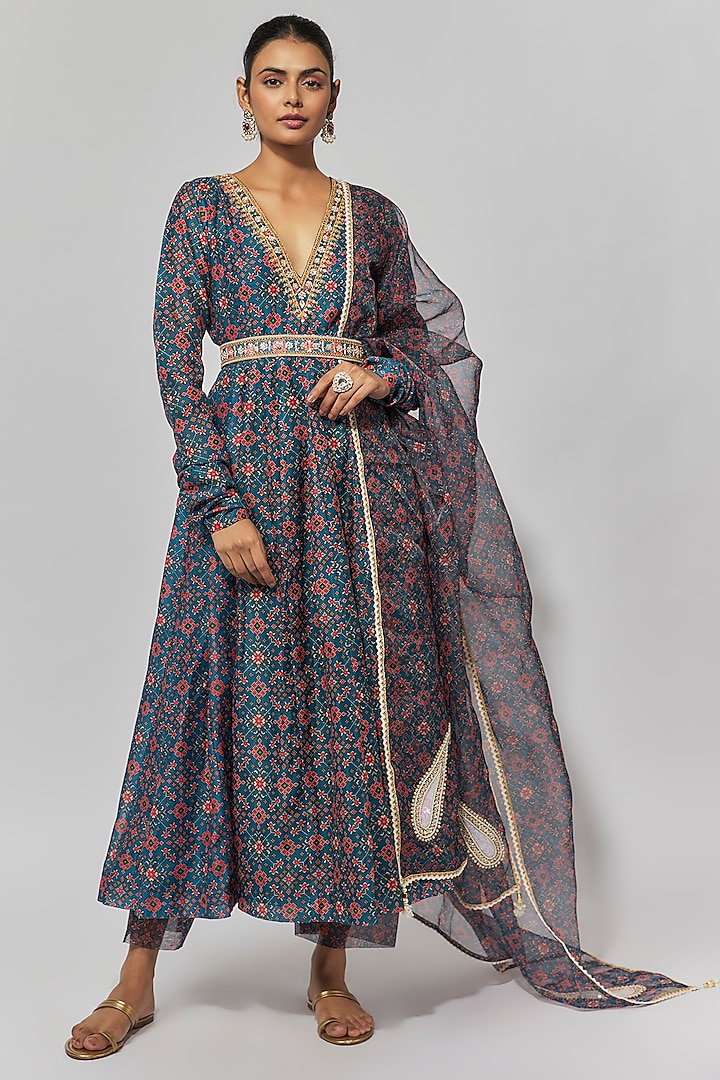 Blue Chanderi Patola Printed Anarkali Set by Yuvrani Jaipur at Pernia's Pop Up Shop