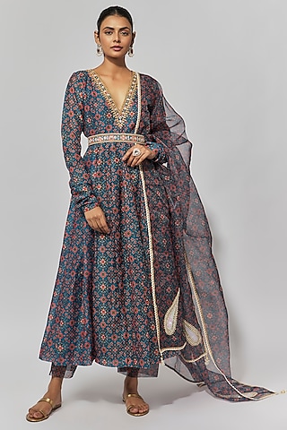 Blue Chanderi Patola Printed Anarkali Set by Yuvrani Jaipur