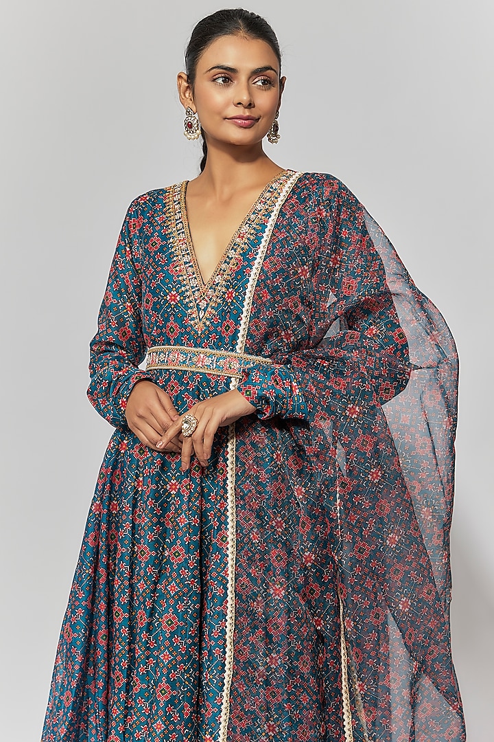 Blue Chanderi Patola Printed Anarkali Set by Yuvrani Jaipur at Pernia's Pop Up Shop