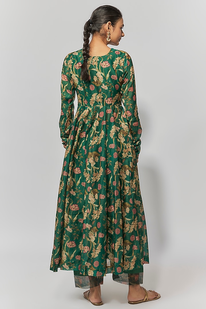 Bottle Green Chanderi Floral Printed & Embroidered Anarkali Set by Yuvrani Jaipur at Pernia's Pop Up Shop