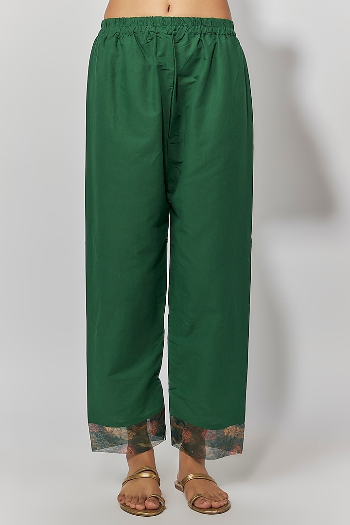 Bottle Green Chanderi Floral Printed & Embroidered Anarkali Set by Yuvrani Jaipur at Pernia's Pop Up Shop