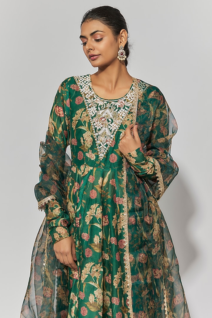 Bottle Green Chanderi Floral Printed & Embroidered Anarkali Set by Yuvrani Jaipur at Pernia's Pop Up Shop