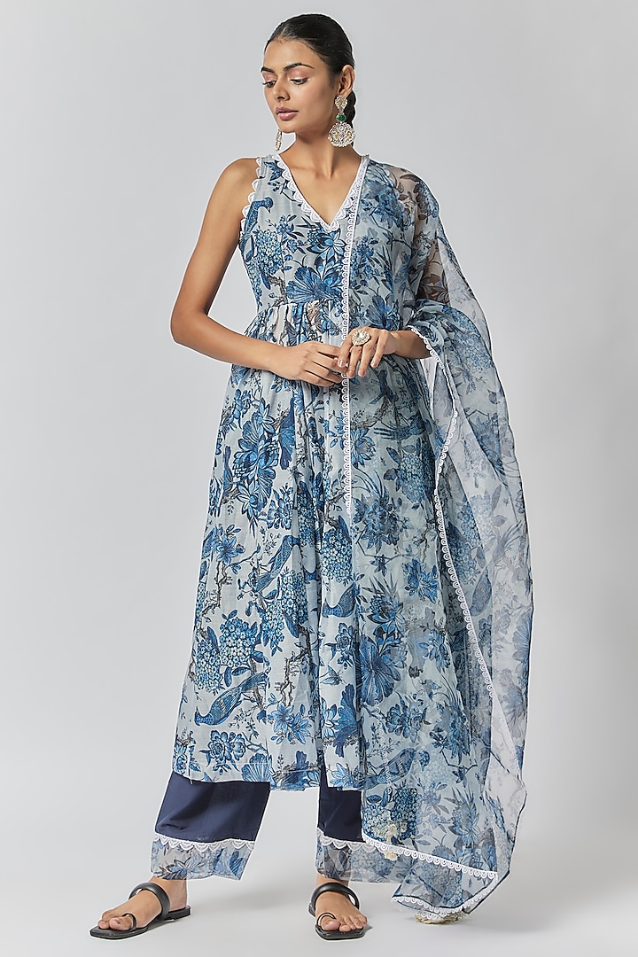 Sky Blue Chanderi Floral Printed & Embroidered Anarkali Set by Yuvrani Jaipur at Pernia's Pop Up Shop