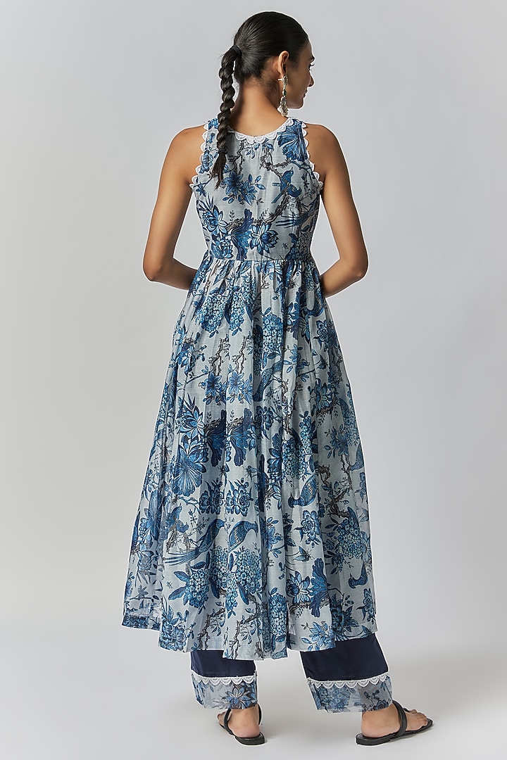 Sky Blue Chanderi Floral Printed & Embroidered Anarkali Set by Yuvrani Jaipur at Pernia's Pop Up Shop