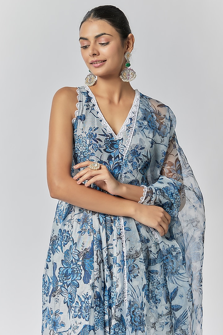 Sky Blue Chanderi Floral Printed & Embroidered Anarkali Set by Yuvrani Jaipur at Pernia's Pop Up Shop