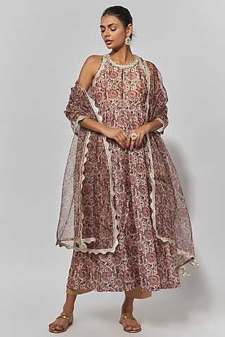 Brown Chanderi Floral Printed & Embroidered Anarkali Set by Yuvrani Jaipur