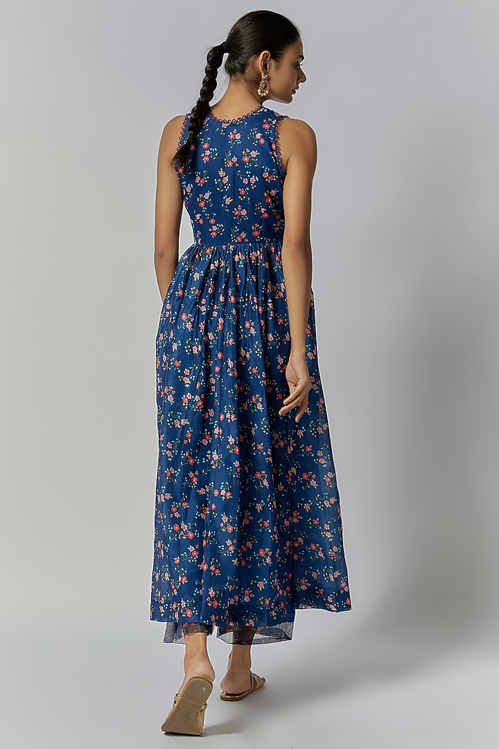 Navy Blue Chanderi Floral Printed Anarkali Set by Yuvrani Jaipur at Pernia's Pop Up Shop