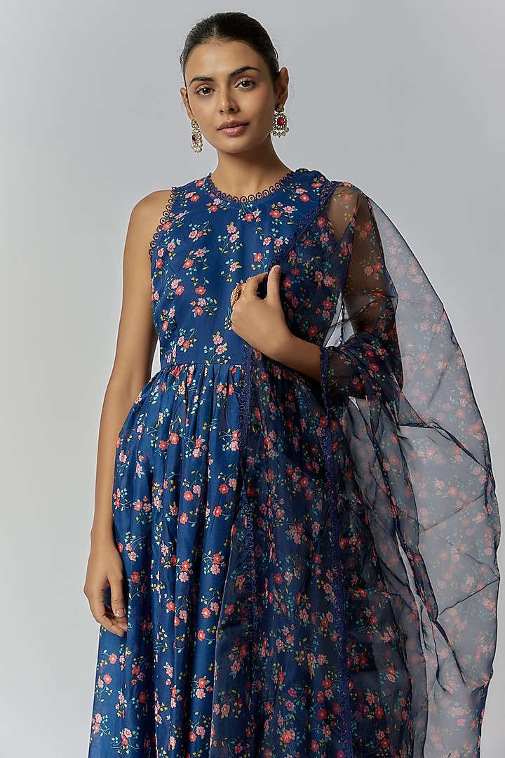 Navy Blue Chanderi Floral Printed Anarkali Set by Yuvrani Jaipur at Pernia's Pop Up Shop