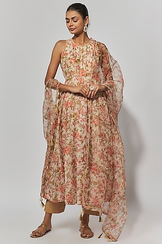 Orange Chanderi Floral Printed Anarkali Set by Yuvrani Jaipur