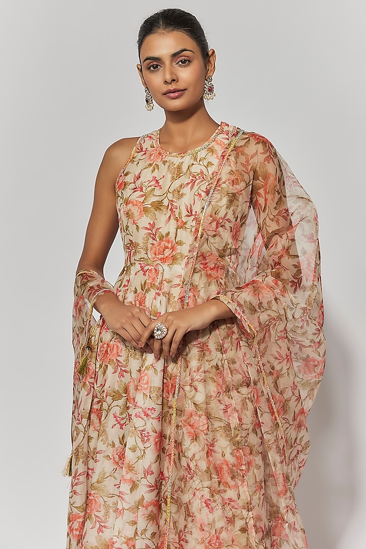 Orange Chanderi Floral Printed Anarkali Set by Yuvrani Jaipur at Pernia's Pop Up Shop