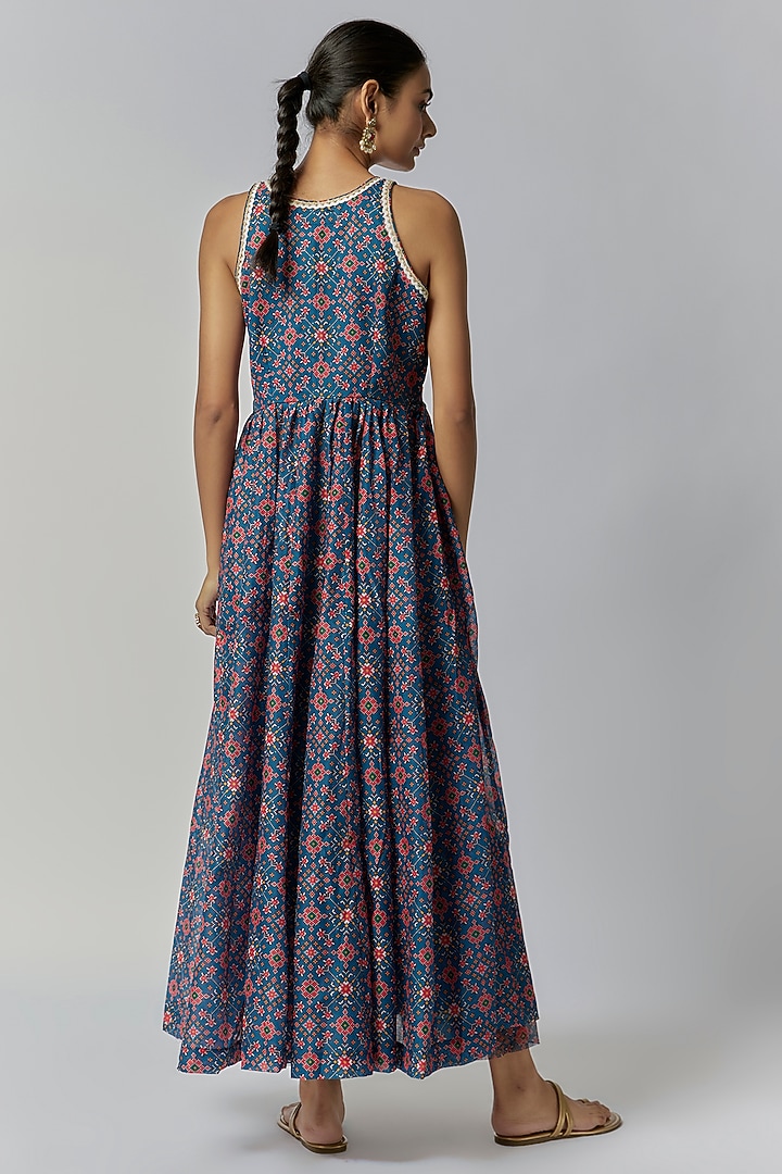 Navy Blue Chanderi Floral Printed Anarkali Set by Yuvrani Jaipur at Pernia's Pop Up Shop