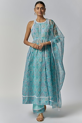 Aqua Blue Chanderi Floral Printed Anarkali Set by Yuvrani Jaipur