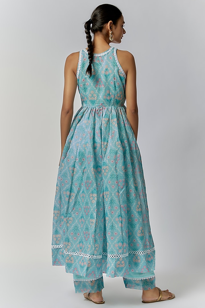 Aqua Blue Chanderi Floral Printed Anarkali Set by Yuvrani Jaipur at Pernia's Pop Up Shop