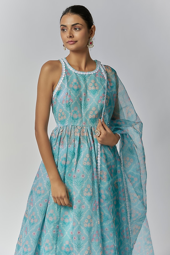 Aqua Blue Chanderi Floral Printed Anarkali Set by Yuvrani Jaipur at Pernia's Pop Up Shop