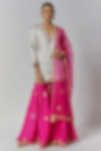 Hot Pink Pure Spun Silk Gota Embroidered Sharara Set by Yuvrani Jaipur
