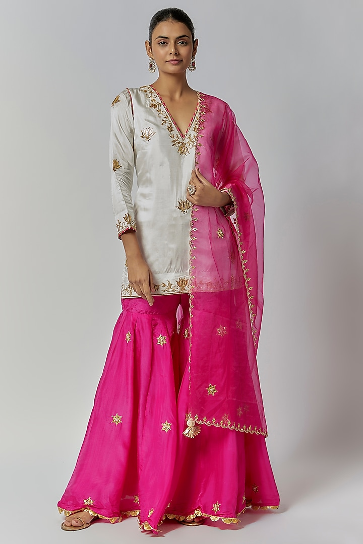 Hot Pink Pure Spun Silk Gota Embroidered Sharara Set by Yuvrani Jaipur