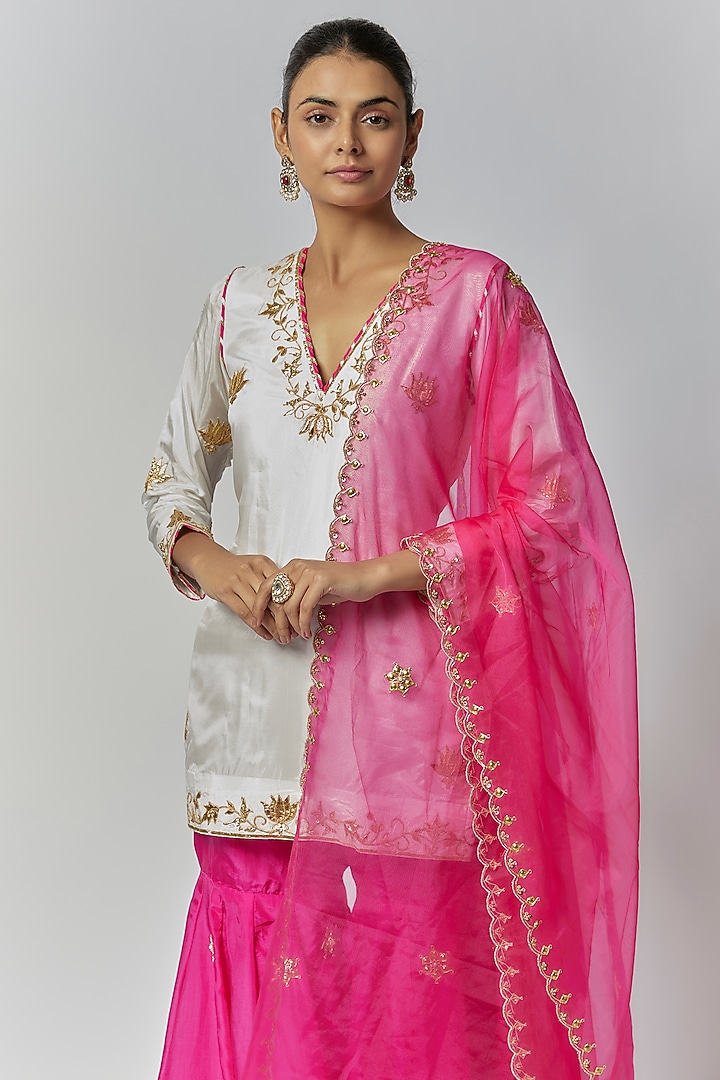 Hot Pink Pure Spun Silk Gota Embroidered Party Wear Sharara Set by Yuvrani Jaipur at Pernia's Pop Up Shop