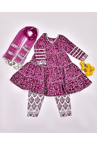 Wine Cotton Floral Printed Kurta Set For Girls by Yuvrani Jaipur Kidswear
