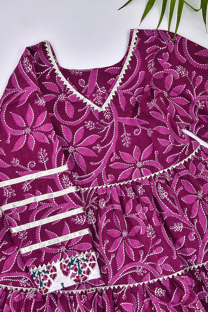 Wine Cotton Floral Printed Kurta Set For Girls by Yuvrani Jaipur Kidswear at Pernia's Pop Up Shop