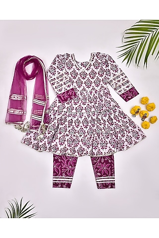 Wine & White Cotton Floral Printed Kurta Set For Girls by Yuvrani Jaipur Kidswear