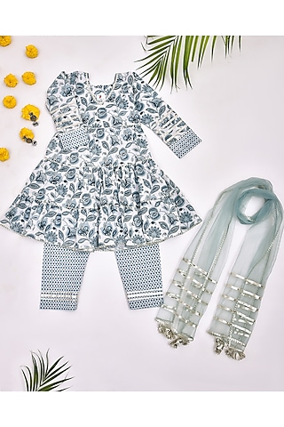 White & Powder Blue Cotton Floral Printed Kurta Set For Girls by Yuvrani Jaipur Kidswear