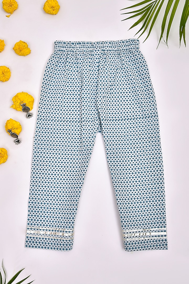 White & Powder Blue Cotton Floral Printed Kurta Set For Girls by Yuvrani Jaipur Kidswear at Pernia's Pop Up Shop