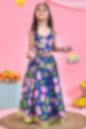 Teal Blue Chanderi Lotus Floral Printed Lehenga Set For Girls by Yuvrani Jaipur Kidswear