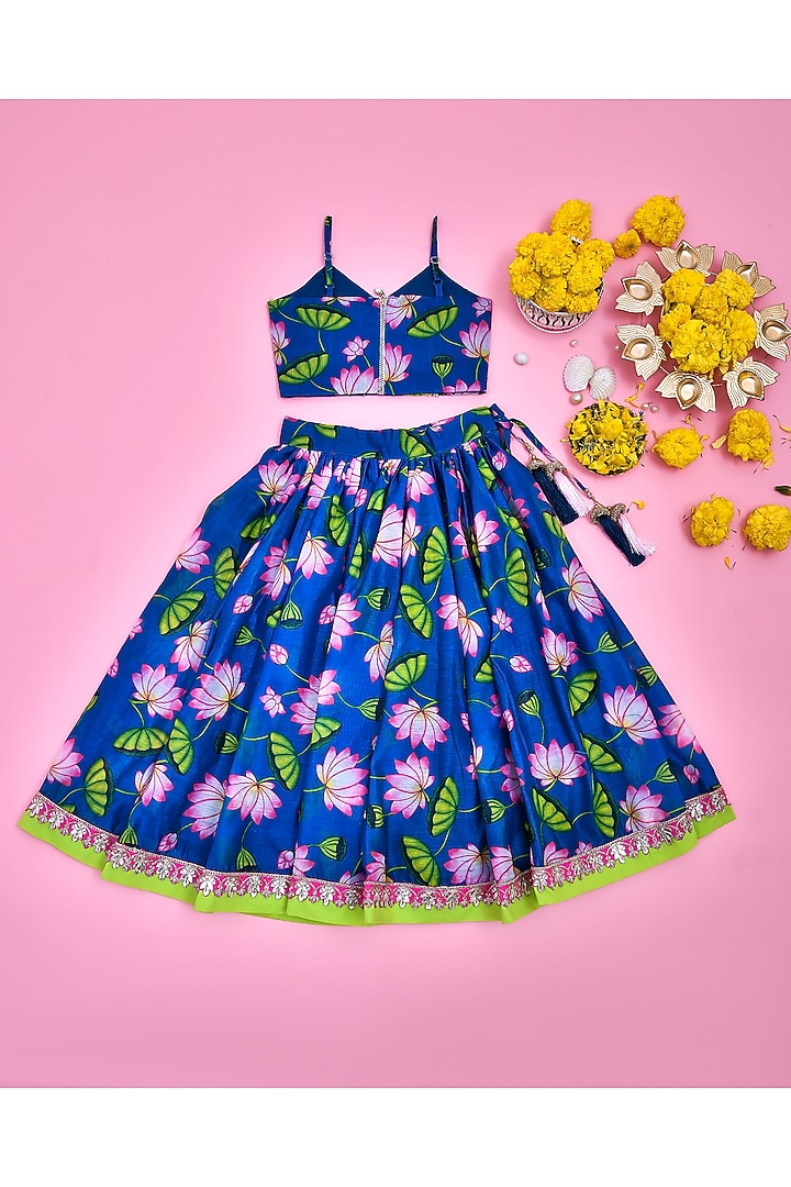 Teal Blue Chanderi Lotus Floral Printed Lehenga Set For Girls by Yuvrani Jaipur Kidswear at Pernia's Pop Up Shop