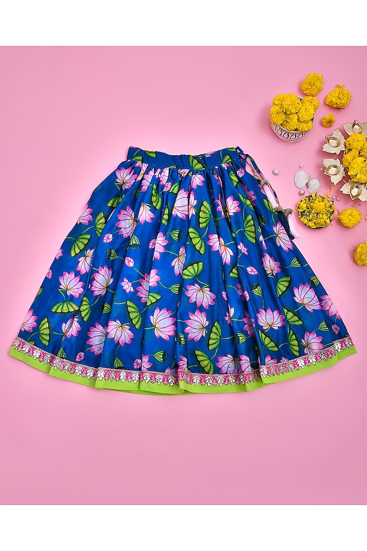 Teal Blue Chanderi Lotus Floral Printed Lehenga Set For Girls by Yuvrani Jaipur Kidswear at Pernia's Pop Up Shop
