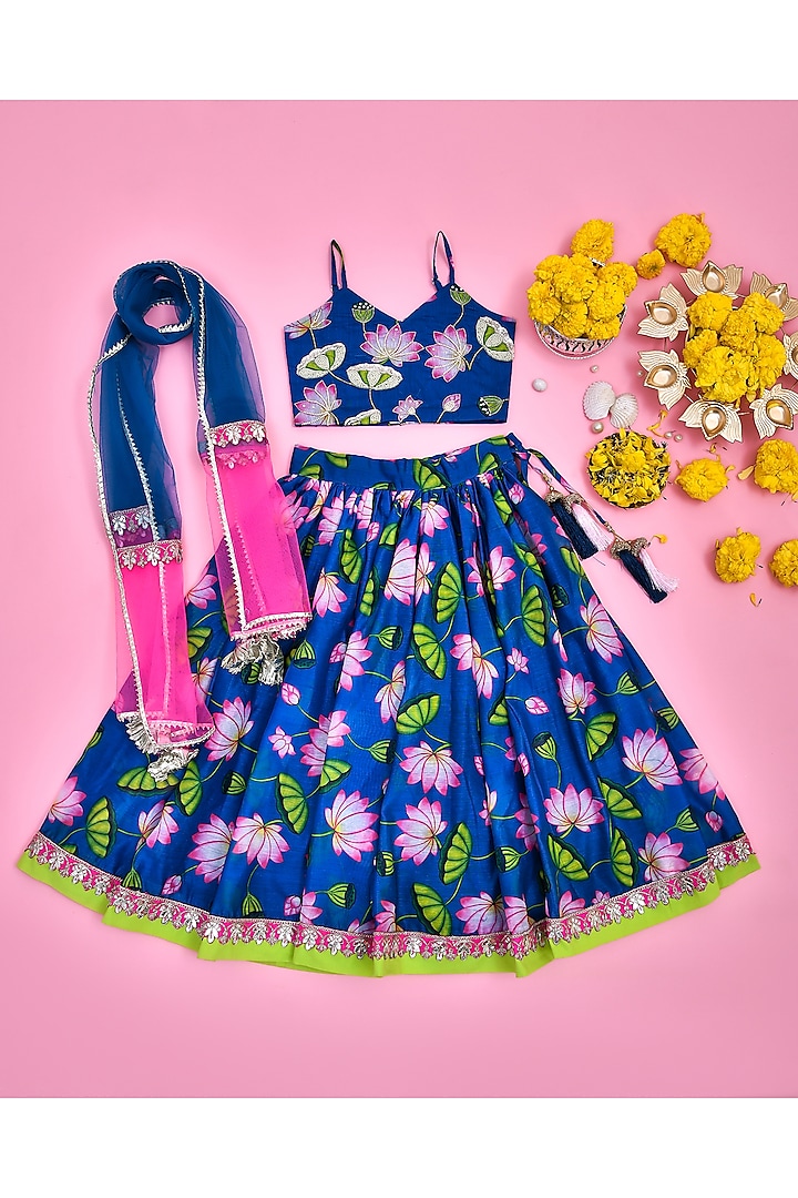 Teal Blue Chanderi Lotus Floral Printed Lehenga Set For Girls by Yuvrani Jaipur Kidswear at Pernia's Pop Up Shop