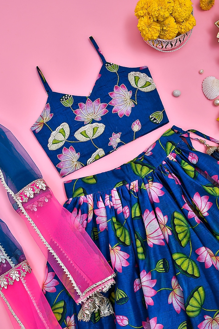 Teal Blue Chanderi Lotus Floral Printed Lehenga Set For Girls by Yuvrani Jaipur Kidswear at Pernia's Pop Up Shop