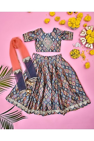 Multi-Colored Silk Floral Printed Lehenga Set For Girls by Yuvrani Jaipur Kidswear
