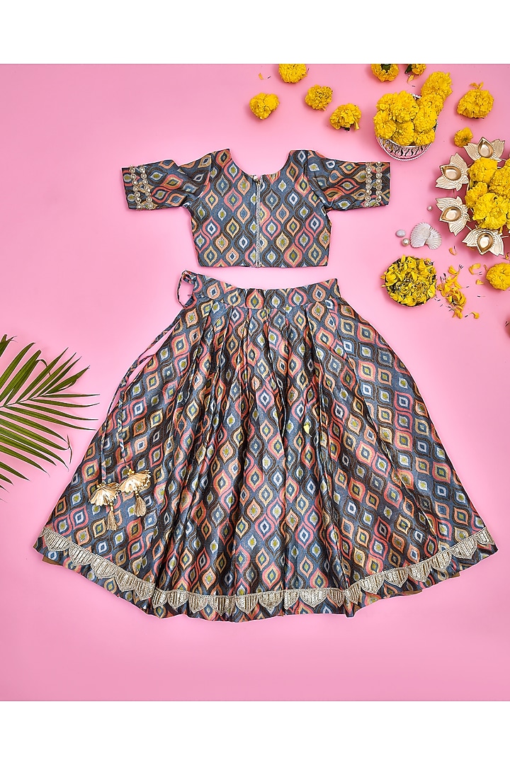 Multi-Colored Silk Floral Printed Lehenga Set For Girls by Yuvrani Jaipur Kidswear at Pernia's Pop Up Shop