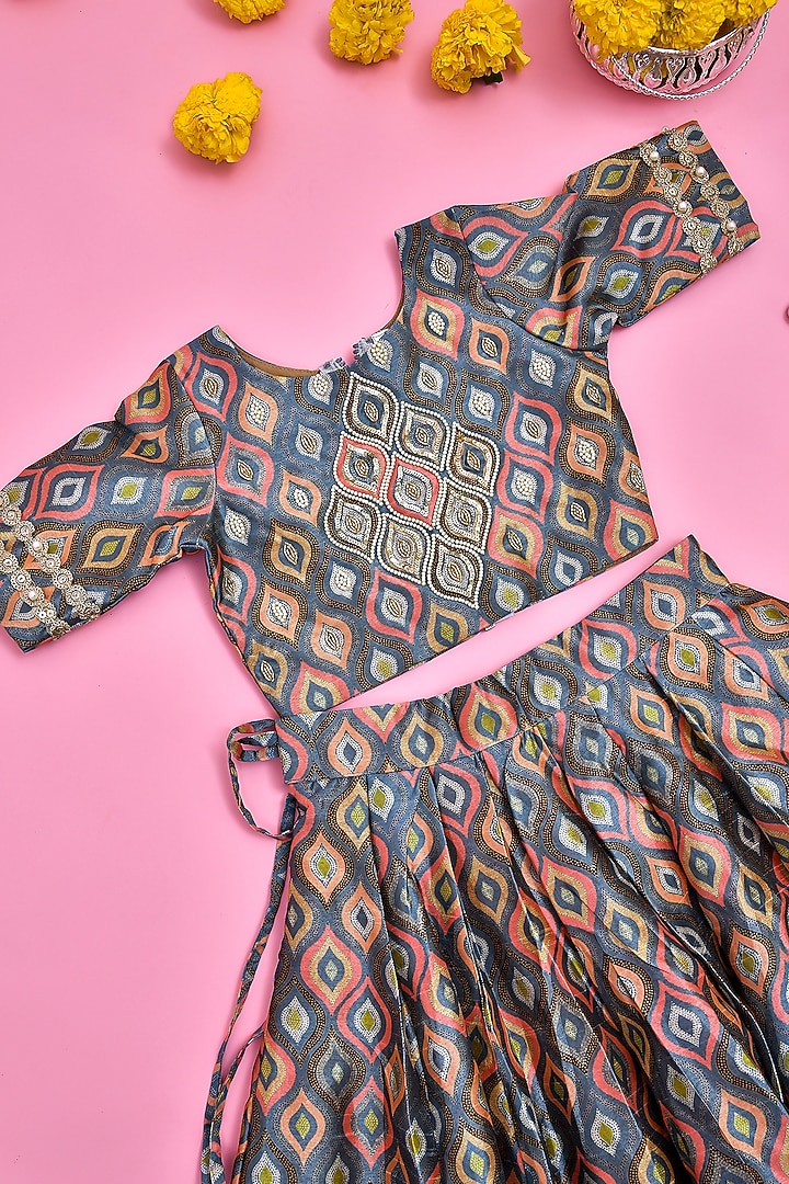 Multi-Colored Silk Floral Printed Lehenga Set For Girls by Yuvrani Jaipur Kidswear at Pernia's Pop Up Shop