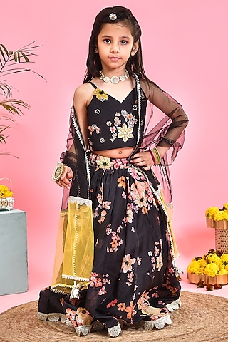 Black Silk Floral Printed Lehenga Set For Girls by Yuvrani Jaipur Kidswear