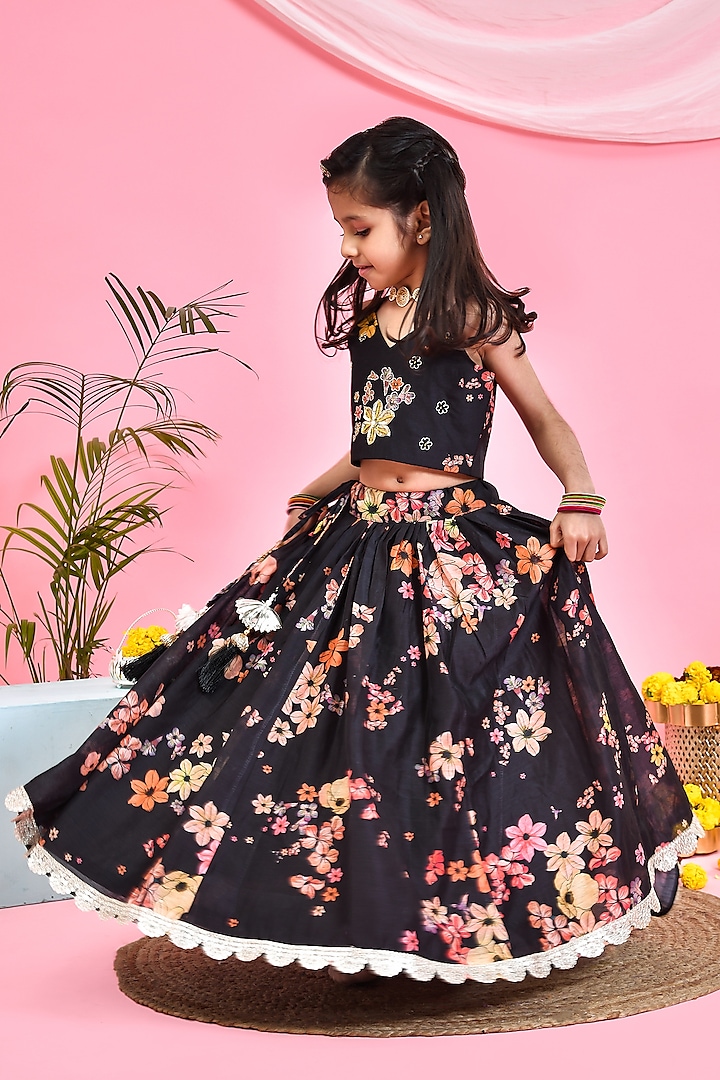 Black Silk Floral Printed Lehenga Set For Girls by Yuvrani Jaipur Kidswear at Pernia's Pop Up Shop