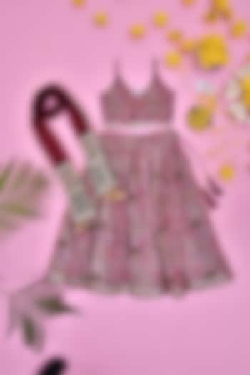 Rust Chanderi Floral Printed Lehenga Set For Girls by Yuvrani Jaipur Kidswear