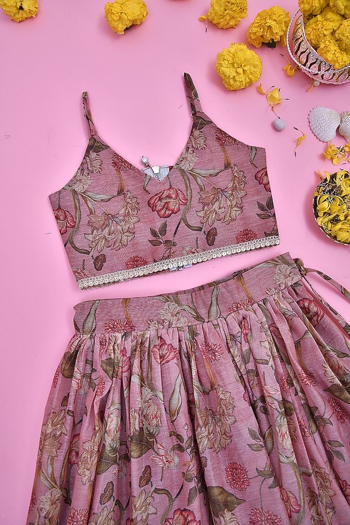 Rust Chanderi Floral Printed Lehenga Set For Girls by Yuvrani Jaipur Kidswear at Pernia's Pop Up Shop