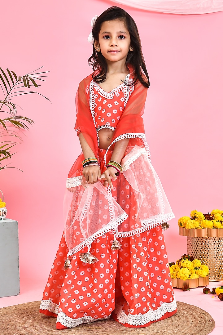 Orange Chanderi Floral Printed Bandhej Lehenga Set For Girls by Yuvrani Jaipur Kidswear