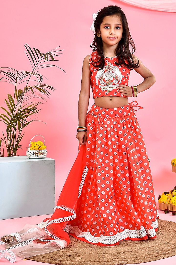 Orange Chanderi Floral Printed Bandhej Lehenga Set For Girls by Yuvrani Jaipur Kidswear