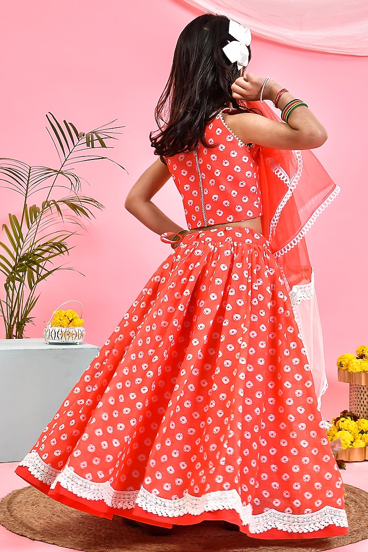 Orange Chanderi Floral Printed Bandhej Lehenga Set For Girls by Yuvrani Jaipur Kidswear at Pernia's Pop Up Shop