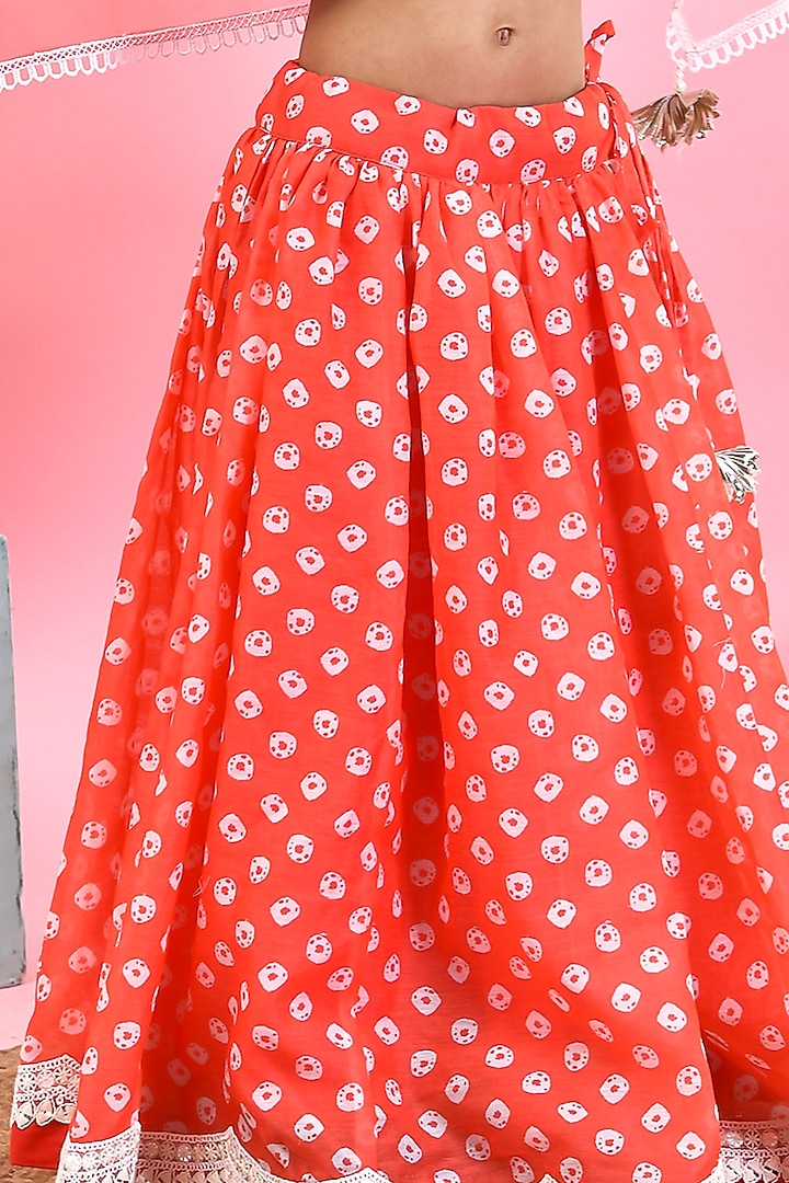 Orange Chanderi Floral Printed Bandhej Lehenga Set For Girls by Yuvrani Jaipur Kidswear at Pernia's Pop Up Shop
