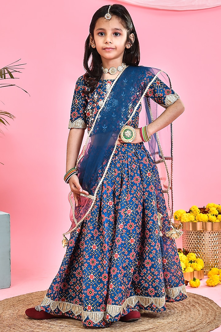 Blue Chanderi Patola Printed Lehenga Set For Girls by Yuvrani Jaipur Kidswear at Pernia's Pop Up Shop